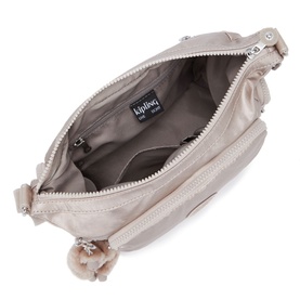 Kipling Gabb Small Crossbody Bag in gold polyamide, open showing spacious interior, silver-tone zip, and signature monkey keychain