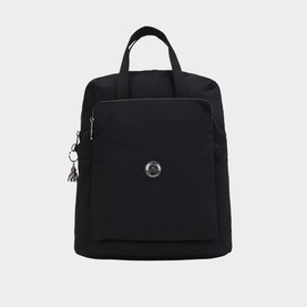 Kipling Kazuki Backpack in black polyamide, silver-tone hardware, zipped front pocket, top handles, and robot monkey keychain charm