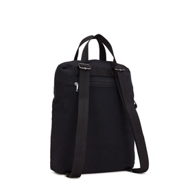 Kipling Kazuki Backpack in black polyamide, back view showing zipped pocket, adjustable crossbody strap and silver-tone hardware