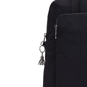 Kipling Kazuki Backpack in black polyamide, close-up of silver-tone zip and signature robot monkey keychain charm