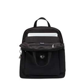 Kipling Kazuki Backpack in black polyamide, front view open showing laptop compartment, silver-tone hardware and round brand logo