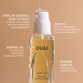 Ouai Hair Oil Travel Size in pump bottle with ingredient callouts: African Galanga Root Extract, Ama Oil, Borage Oil, Baobab Seed Oil
