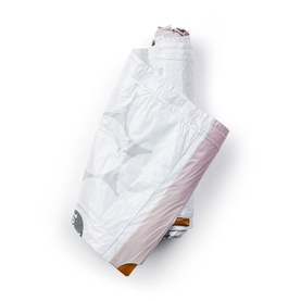 Brabantia PerfectFit Bin Bags 12L in white, rolled and tied with tie-tape, showing compact folded design for 10&ndash;12L bins