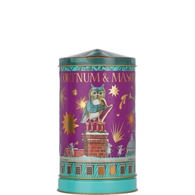 Fortnum & Mason Christmas Mini Merry Go Round Musical Biscuit Tin 130g, purple and teal cylindrical tin with owl design