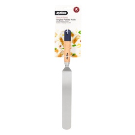 Zyliss Angled Palette Knife with stainless steel blade and wooden handle, shown in retail packaging with food styling imagery