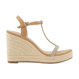 Dune Kitten Diamante Wedge Heels in beige suede with T-bar strap, diamante trim, adjustable buckle, and woven espadrille wedge sole