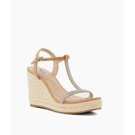 Dune Kitten Diamante Wedge Heels in beige suede, T-bar strap with diamante trim, adjustable buckle, espadrille wedge sole