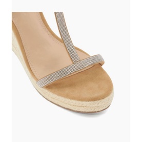 Dune Kitten Diamante Wedge Heels in beige suede, T-bar strap with crystal embellishment, woven espadrille wedge sole