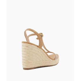 Dune Kitten Diamante Wedge Heels in beige suede, T-bar strap, adjustable buckle, woven espadrille wedge, rear three-quarter view