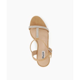 Dune Kitten Diamante Wedge Heels in beige suede, overhead view showing T-bar strap with diamante embellishment and buckle fastening