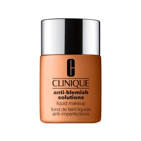 Clinique Anti-Blemish Solutions Liquid Makeup foundation in warm tan shade, 30ml glass bottle with silver cap