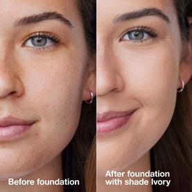 Before and after split showing Clinique Anti-Blemish Solutions Liquid Makeup in Ivory on model's skin, demonstrating coverage and finish