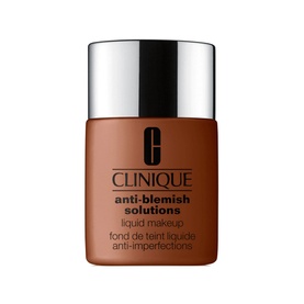 Clinique Anti-Blemish Solutions Liquid Makeup foundation in a deep brown shade, 30ml glass bottle with silver cap