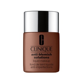 Clinique Anti-Blemish Solutions Liquid Makeup foundation in deep brown shade, 30ml glass bottle with silver cap