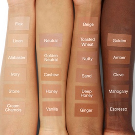 Clinique Anti-Blemish Solutions Liquid Makeup foundation shade range swatched across multiple arms showing 20 shades from fair to deep