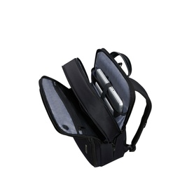 Samsonite XBR 2.0 Backpack 46cm in black, open showing multiple organised compartments with laptop sleeve and accessories storage
