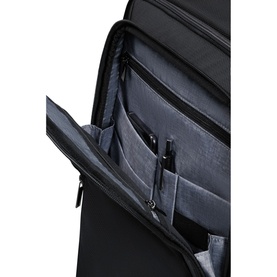 Samsonite XBR 2.0 Backpack 46cm in black, open showing multiple interior compartments and grey fabric lining