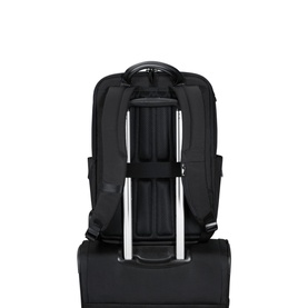 Samsonite XBR 2.0 Backpack 46cm in black, rear view showing padded straps and trolley sleeve, mounted on a suitcase