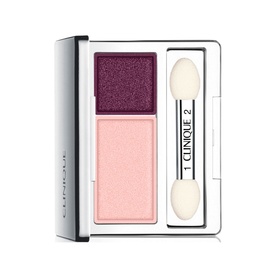 Clinique All About Shadow Duo Eyeshadow in Jammin, 2.2g compact with deep plum and soft pink shades and double-ended applicator