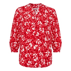 Hobbs Essie Floral Blouse in red with white floral print, mandarin collar, half button placket and three-quarter ruched sleeves