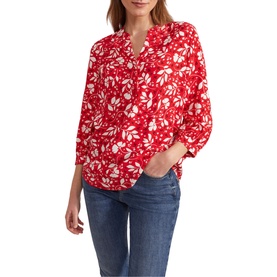 Model wearing Hobbs Essie Floral Blouse in red and white floral print, mandarin collar, three-quarter sleeves, styled with blue jeans