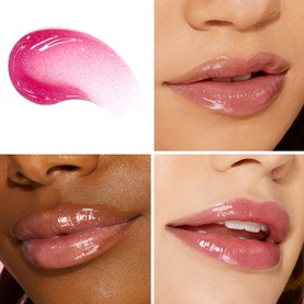 Too Faced Kissing Jelly Lip Oil Gloss in Grape Soda, 4.5ml, shown as swatch and on three models' lips with glossy pink-nude finish
