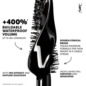 YSL Lash Clash Waterproof Mascara with double-conical brush shown, highlighting 400% buildable volume and 48h longwear claims