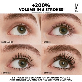 YSL Lash Clash Waterproof Mascara four-step application grid showing bare lashes to 5 strokes, demonstrating 200% volume increase without clumping