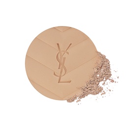 YSL All Hours Hyper Finish Powder compact with embossed YSL logo, shown open with loose powder dusting beside it in a warm beige tone.