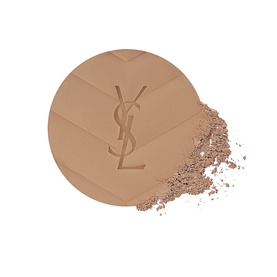 YSL All Hours Hyper Finish Powder compact in warm beige tone with embossed YSL logo, shown with loose powder swatch