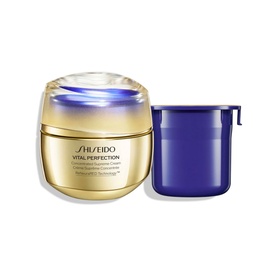 Shiseido Vital Perfection Concentrated Supreme Cream Jar & Refill Duo, gold lidded jar with blue refill cartridge