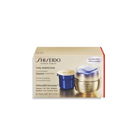 Shiseido Vital Perfection Concentrated Supreme Cream Jar & Refill Duo skincare set, two cream pots in navy and cream packaging
