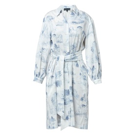 Helen McAlinden Odette Toile de Jouy Shirt Dress in blue, collar neckline, tie waist, long sleeves with cuffs
