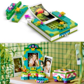 Lego Encanto Mirabel's Photo Frame and Jewellery Box multi-coloured buildable set with toucan, photo frame, and storage box displayed together