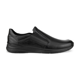 Ecco Irving Loafers in black leather, slip-on style with elastic side gussets, stitching detail, and lightweight cushioned black outsole