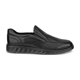 Ecco S Lite Hybrid Shoes in black leather, slip-on style with elasticated entry gussets and lightweight textured PU outsole