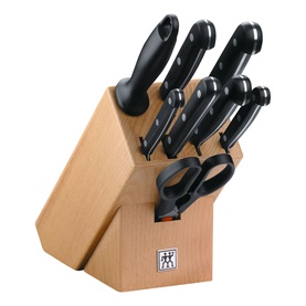 Zwilling Gourmet 9-Piece Bamboo Knife Block in beige with assorted knives, fork, shears and sharpening steel, black handles