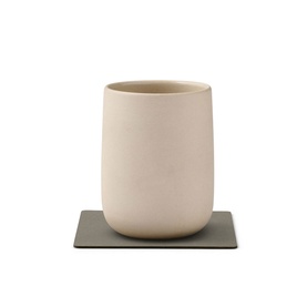 Lind DNA Square Nupo Coaster in Flint Grey, square shape with curved edges and suede-like leather finish, styled with a beige ceramic cup