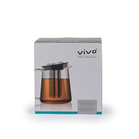 Vivo Tea Infuser Pot in grey borosilicate glass with stainless steel infuser, shown in product packaging box