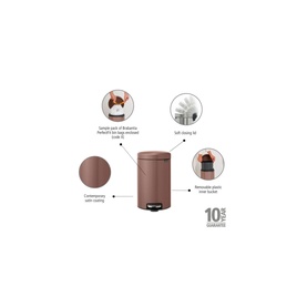 Brabantia NewIcon Pedal Bin 12L in Taupe, 12L, with feature callouts highlighting soft-close lid, removable inner bucket and pedal opening
