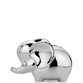 Newbridge Elephant Money Bank in silver rhodium-plated finish, smooth sculpted elephant figure with trunk raised, gift-ready keepsake