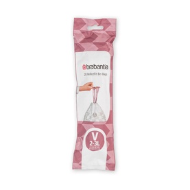 Brabantia PerfectFit Bin Bags in white packaging, size V, 2-3L capacity, roll of white drawstring bin liners