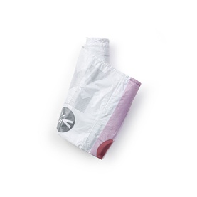 Brabantia PerfectFit Bin Bags in white, rolled with pink strip detailing and grey logo visible on front