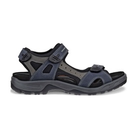 Ecco Offroad Flat Sandals in blue leather, three-strap adjustable design with moulded footbed and durable dark rubber outsole