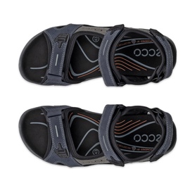 Ecco Offroad Flat Sandals in blue leather, top-down view of pair showing three-point adjustable straps and moulded EVA footbed with orange detailing