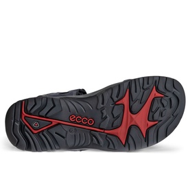 Ecco Offroad Flat Sandals in blue, sole view showing red and dark grey RECEPTOR rubber outsole with ECCO branding