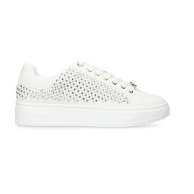 Carvela Dream Jewel-Embellished Trainers in white with crystal-embellished side panels, lace-up fastening, gold-tone logo detail