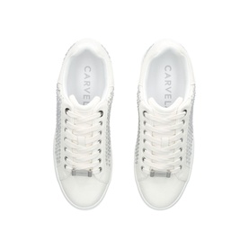 Carvela Dream Jewel-Embellished Trainers in white with crystal-embellished panels, lace-up fastening and gold-tone hardware, top-down view