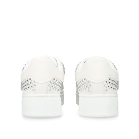 Carvela Dream Jewel-Embellished Trainers in white, rear view showing crystal-studded heel panels and white sole