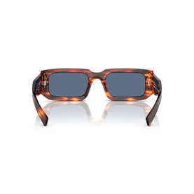 Prada PR 06YS Rectangle Sunglasses in tortoiseshell acetate frame with blue lenses, shown from rear angle